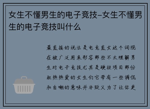 女生不懂男生的电子竞技-女生不懂男生的电子竞技叫什么